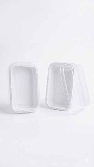 علب بلاستيك مستطيل ابيض مع غطاء شفاف.White Rectangular Plastic Boxes with Clear Lid