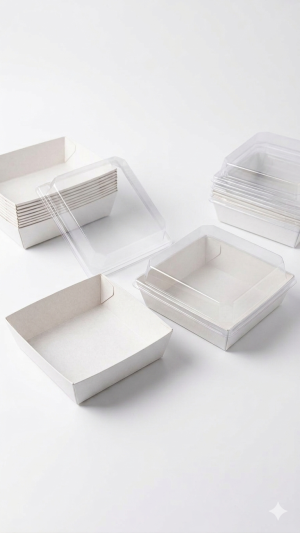 علب كرافت مربع ابيض مع غطاء شفاف.White Square Kraft Boxes with Clear Lid