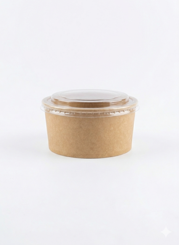 علب فشافيش مدور بني مع غطاء قبة شفاف.Round Brown Kraft Snack Boxes with Clear Dome Lid